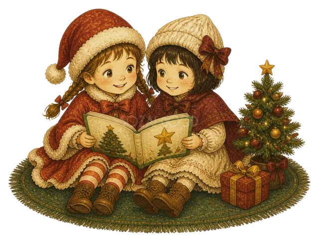 ツリーのそばで本を読む子どもたちを描いた水彩絵本タッチの子どものクリスマスイラスト