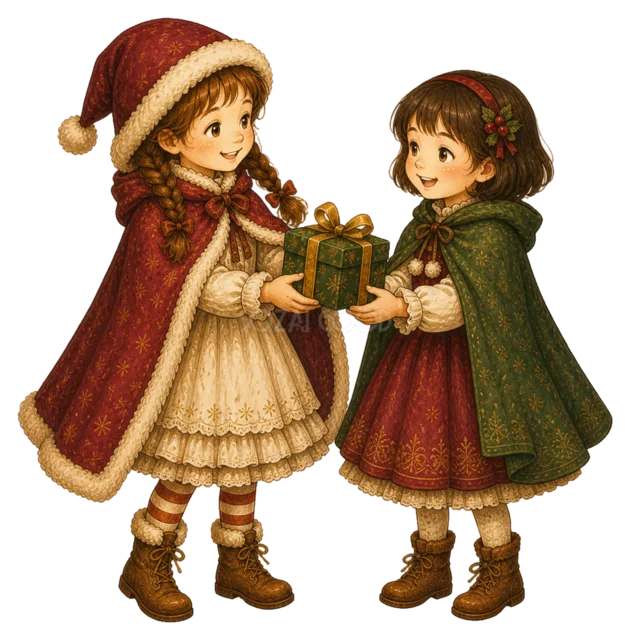 プレゼント交換をする女の子たちを描いた水彩絵本タッチの子どものクリスマスイラスト