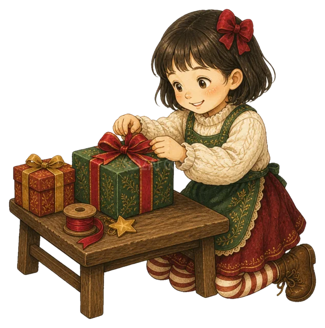 贈り物を包む女の子を描いた水彩絵本タッチの子どものクリスマスイラスト
