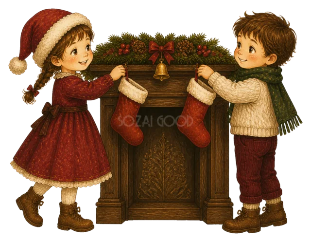 靴下を飾る子どもたちを描いた水彩絵本タッチの子どものクリスマスイラスト