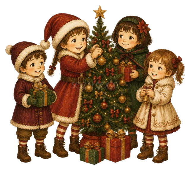ツリーを囲む子どもたちを描いた水彩絵本タッチの子どものクリスマスイラスト