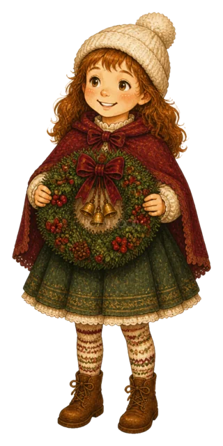 リースを持つ女の子を描いた水彩絵本タッチの子どものクリスマスイラスト