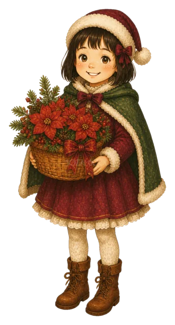 ポインセチアを抱える女の子を描いた水彩絵本タッチの子どものクリスマスイラスト
