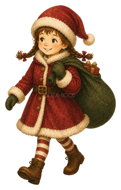 プレゼント袋を運ぶ女の子を描いた水彩絵本タッチの子どものクリスマスイラスト