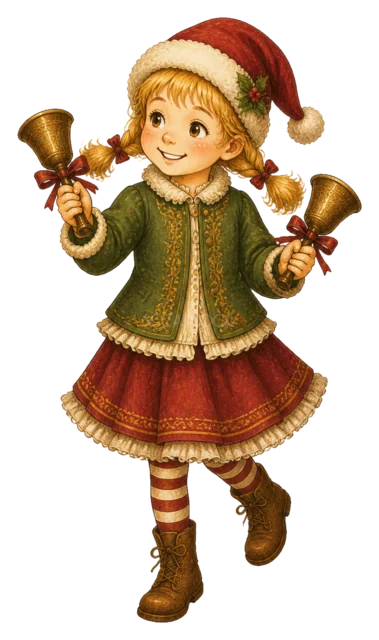 ベルを鳴らす女の子を描いた水彩絵本タッチの子どものクリスマスイラスト