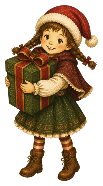 プレゼントを抱える女の子を描いた水彩絵本タッチの子どものクリスマスイラスト