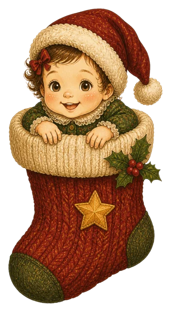 大きな靴下に入った子どもを描いた水彩絵本タッチの子どものクリスマスイラスト