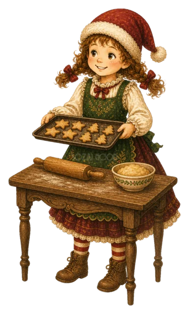 クッキーを焼く女の子を描いた水彩絵本タッチの子どものクリスマスイラスト