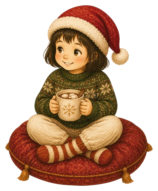 ホットココアを飲む子どもを描いた水彩絵本タッチの子どものクリスマスイラスト