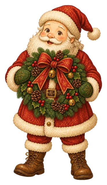 クリスマスリースを持つサンタを描いた水彩絵本タッチのサンタクロースイラスト