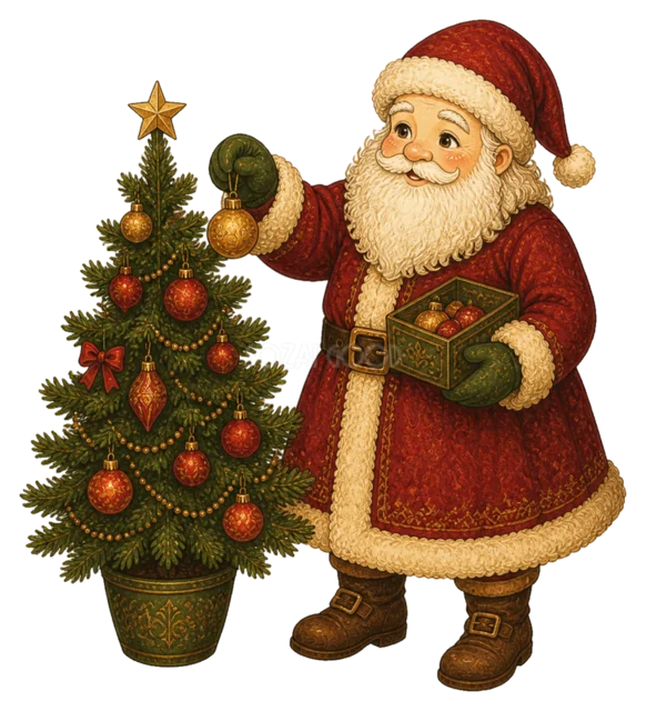 クリスマスツリーを飾るサンタを描いた水彩絵本タッチのサンタクロースイラスト