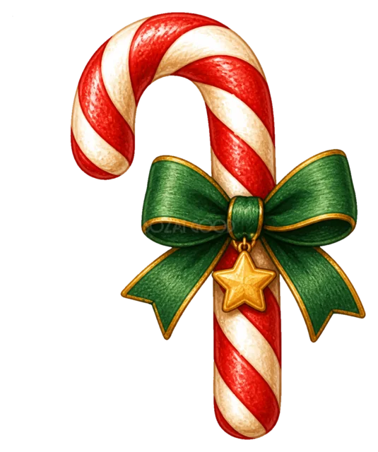 赤いリボンのキャンディケインを描いた水彩絵本タッチのクリスマスお菓子イラスト
