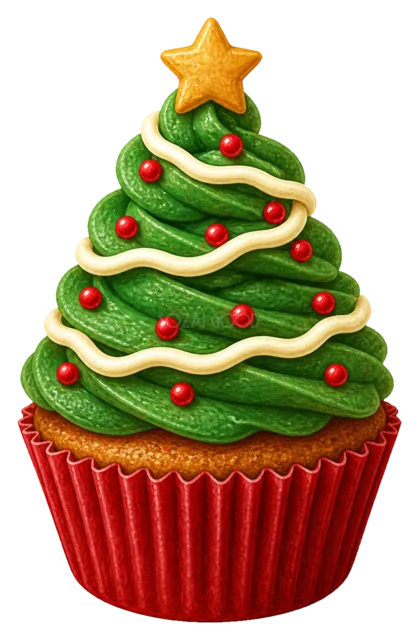 ツリー形クリームのカップケーキを描いた水彩絵本タッチのクリスマスお菓子イラスト