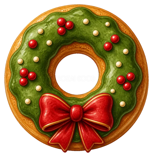 クリスマスリースのドーナツを描いた水彩絵本タッチのクリスマスお菓子イラスト