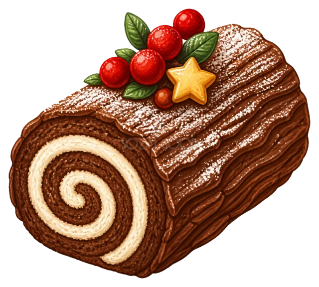 チョコレートのブッシュドノエルを描いた水彩絵本タッチのクリスマスお菓子イラスト