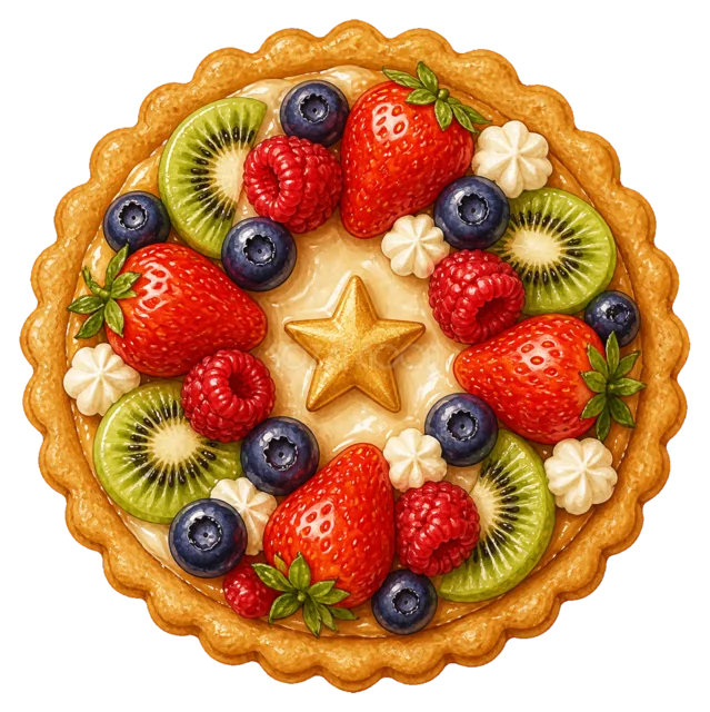 赤い実を飾ったフルーツタルトを描いた水彩絵本タッチのクリスマスお菓子イラスト