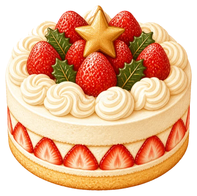 いちごのクリスマスケーキを描いた水彩絵本タッチのクリスマスお菓子イラスト