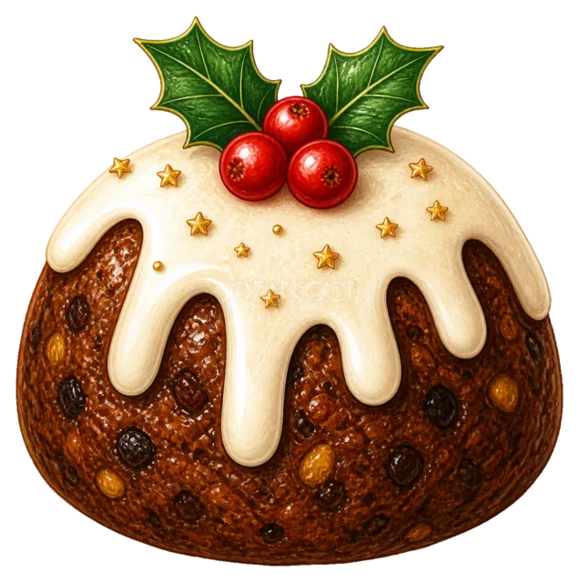 伝統的なクリスマスプディングを描いた水彩絵本タッチのクリスマスお菓子イラスト