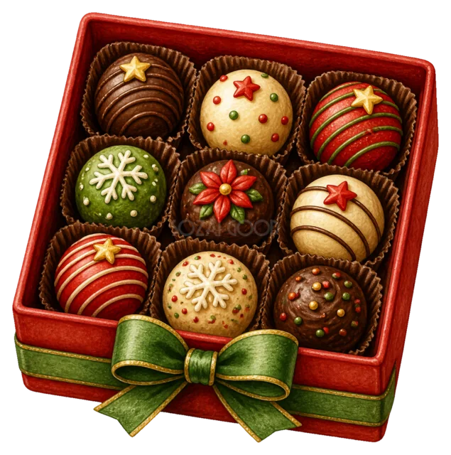 リボン付きチョコレートボックスを描いた水彩絵本タッチのクリスマスお菓子イラスト