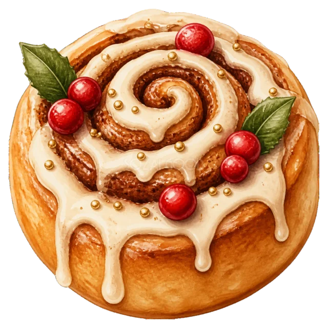 アイシングをかけたシナモンロールを描いた水彩絵本タッチのクリスマスお菓子イラスト