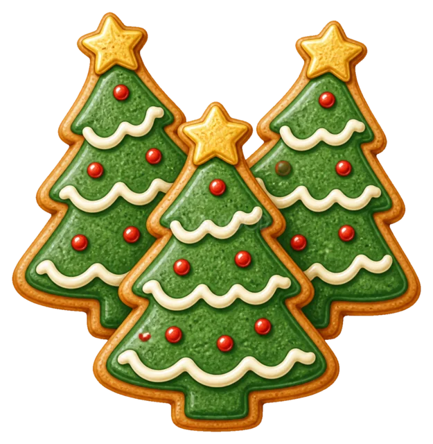 ツリー形アイシングクッキーを描いた水彩絵本タッチのクリスマスお菓子イラスト