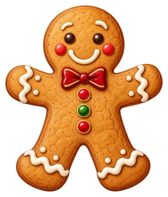ジンジャーブレッドマンを描いた水彩絵本タッチのクリスマスお菓子イラスト