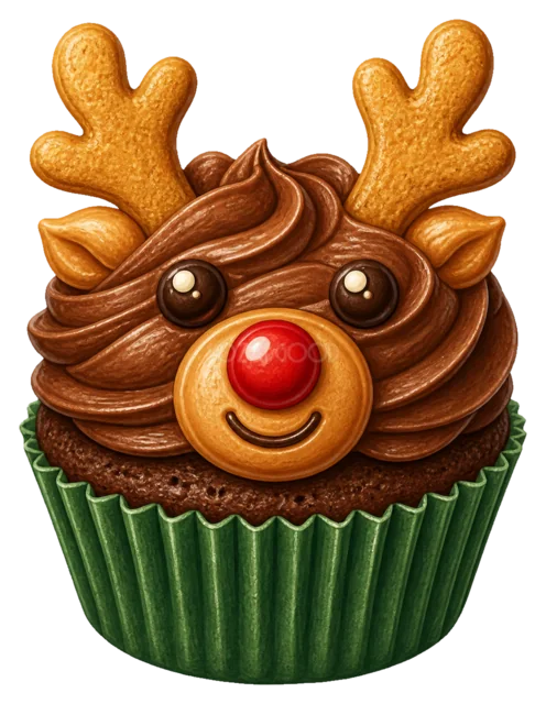 トナカイのカップケーキを描いた水彩絵本タッチのクリスマスお菓子イラスト