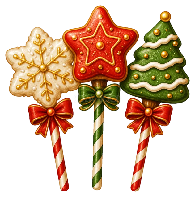 飾り付きクッキーポップを描いた水彩絵本タッチのクリスマスお菓子イラスト