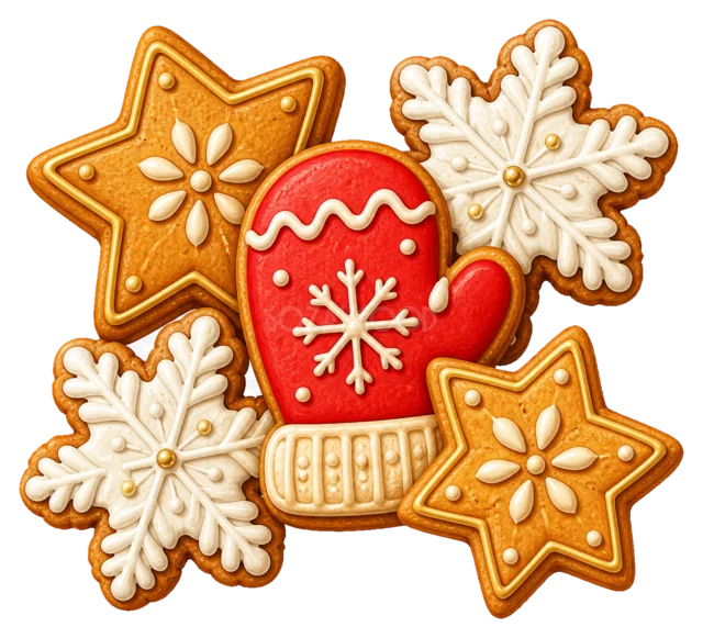 クリスマスクッキーの詰め合わせを描いた水彩絵本タッチのクリスマスお菓子イラスト