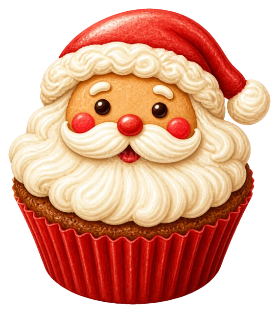 サンタ帽のカップケーキを描いた水彩絵本タッチのクリスマスお菓子イラスト