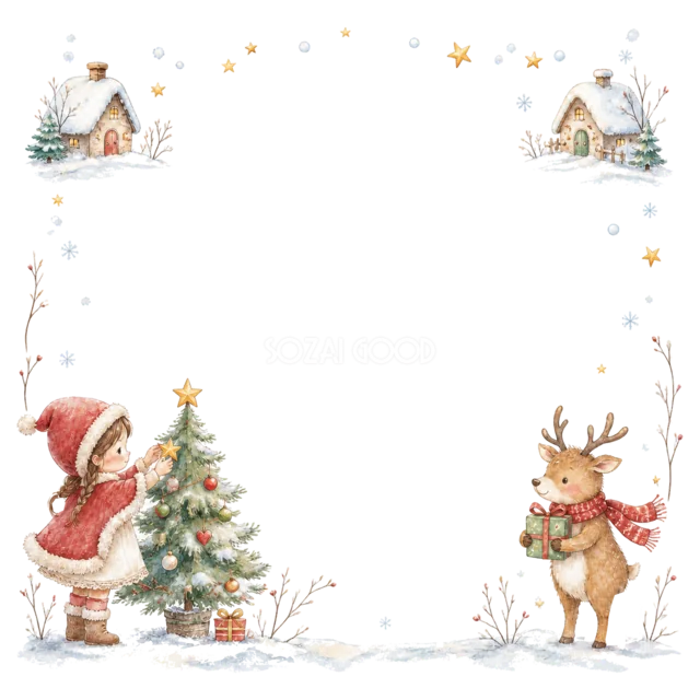 雪の街とツリーを飾る子どもを描いた水彩絵本タッチのクリスマスフレーム