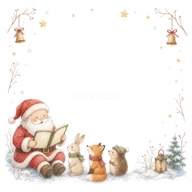 動物に絵本を読むサンタを描いた水彩絵本タッチのクリスマスフレーム