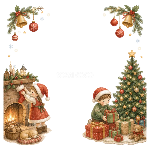 暖炉のサンタとツリーを見る子どもを描いた水彩絵本タッチのクリスマスフレーム