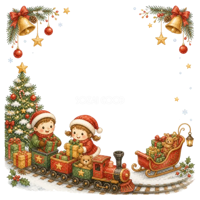 おもちゃの汽車とそりで遊ぶ子どもを描いた水彩絵本タッチのクリスマスフレーム