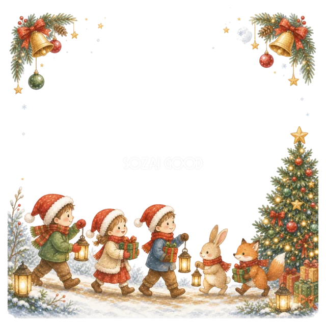 ツリーへ向かう子どもと動物を描いた水彩絵本タッチのクリスマスフレーム