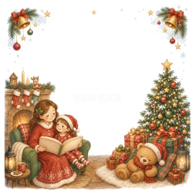 暖炉のそばで本を読む女の子を描いた水彩絵本タッチのクリスマスフレーム