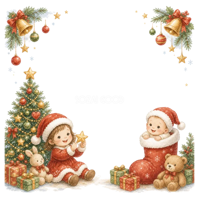 ツリーのそばで遊ぶ幼い子どもを描いた水彩絵本タッチのクリスマスフレーム