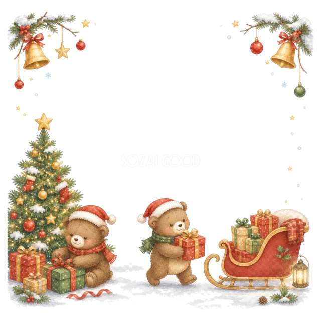 プレゼントとそりを囲む子どもを描いた水彩絵本タッチのクリスマスフレーム
