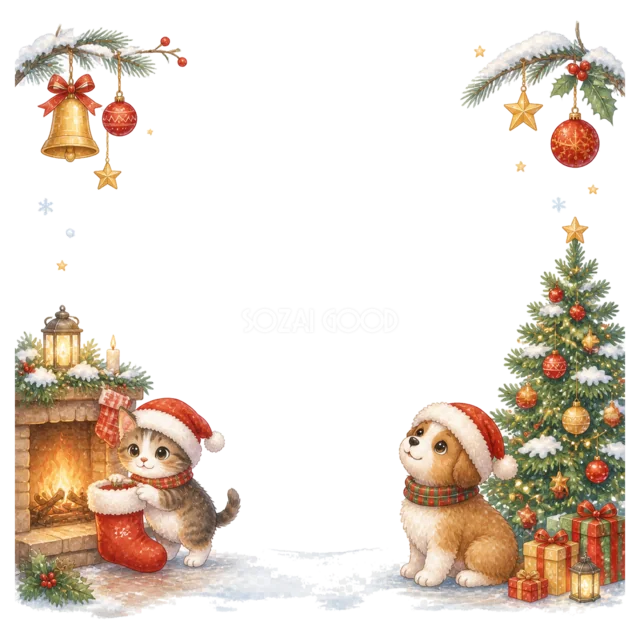 暖炉のサンタと犬とツリーを描いた水彩絵本タッチのクリスマスフレーム