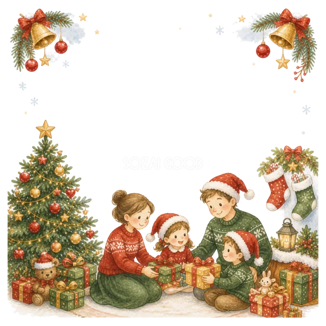 ツリーを囲む家族を描いた水彩絵本タッチのクリスマスフレーム