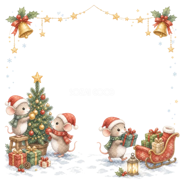 雪だるまと赤いそりを描いた水彩絵本タッチのクリスマスフレーム