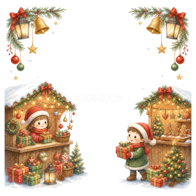 クリスマスマーケットの屋台を描いた水彩絵本タッチのクリスマスフレーム