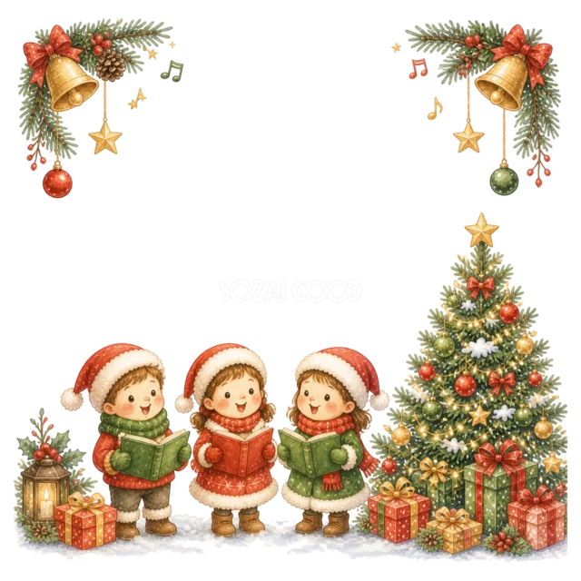 大きなツリーと子どもたちを描いた水彩絵本タッチのクリスマスフレーム