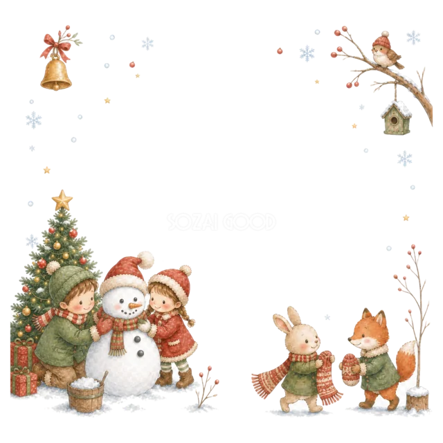 雪だるまと森の動物を描いた水彩絵本タッチのクリスマスフレーム