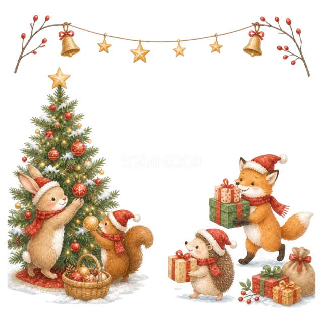 ツリーを飾るきつねの家族を描いた水彩絵本タッチのクリスマスフレーム