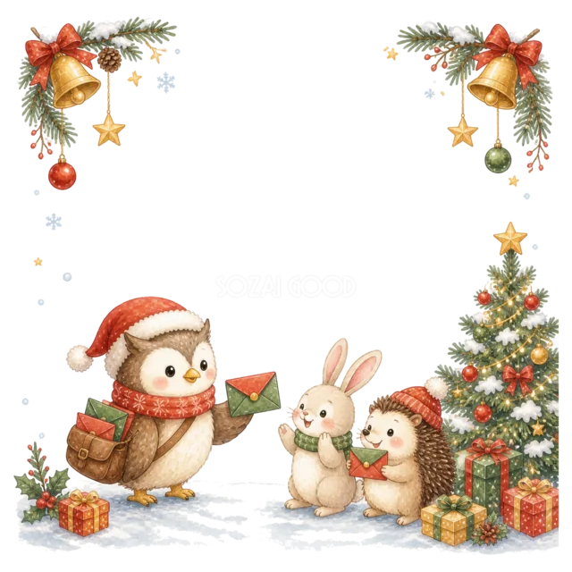 フクロウとうさぎと雪だるまを描いた水彩絵本タッチのクリスマスフレーム
