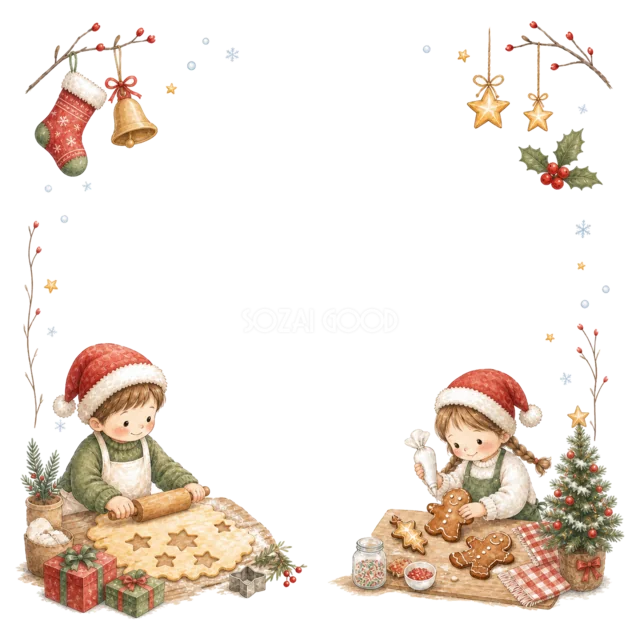 クッキーを作る子どもたちを描いた水彩絵本タッチのクリスマスフレーム