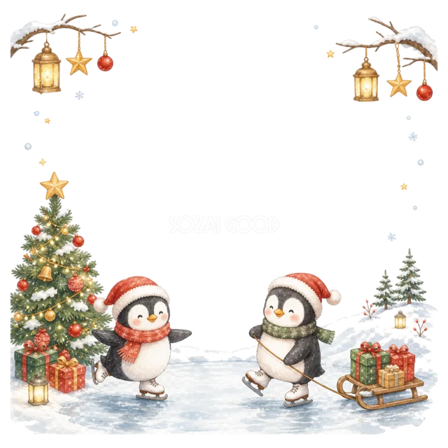 ツリーとランタンを囲むペンギンを描いた水彩絵本タッチのクリスマスフレーム