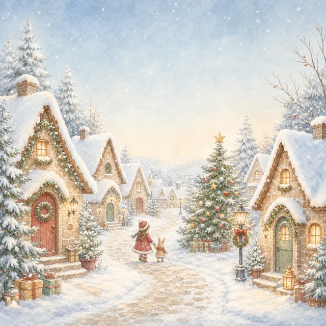 雪明かりのクリスマス村を描いた水彩絵本タッチのクリスマス背景
