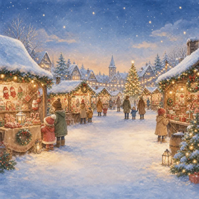 にぎやかなクリスマスマーケットを描いた水彩絵本タッチのクリスマス背景